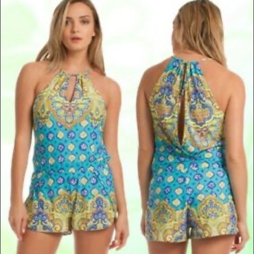 Trina Turk Turquoise Corsica Print Halter Jersey Short Cover Up